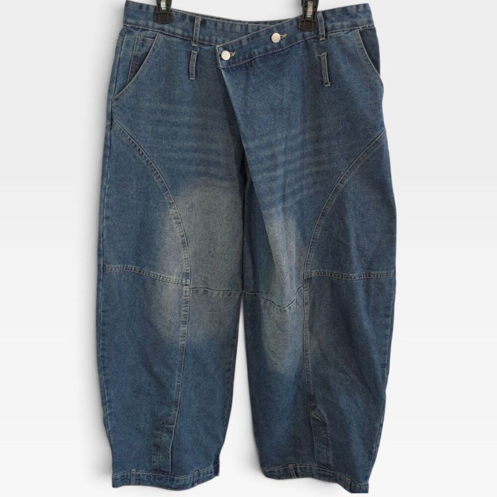 Asymmetrical Waist Baggy Denim Capris Cropped Jeans Blue Curved Seams XXL
